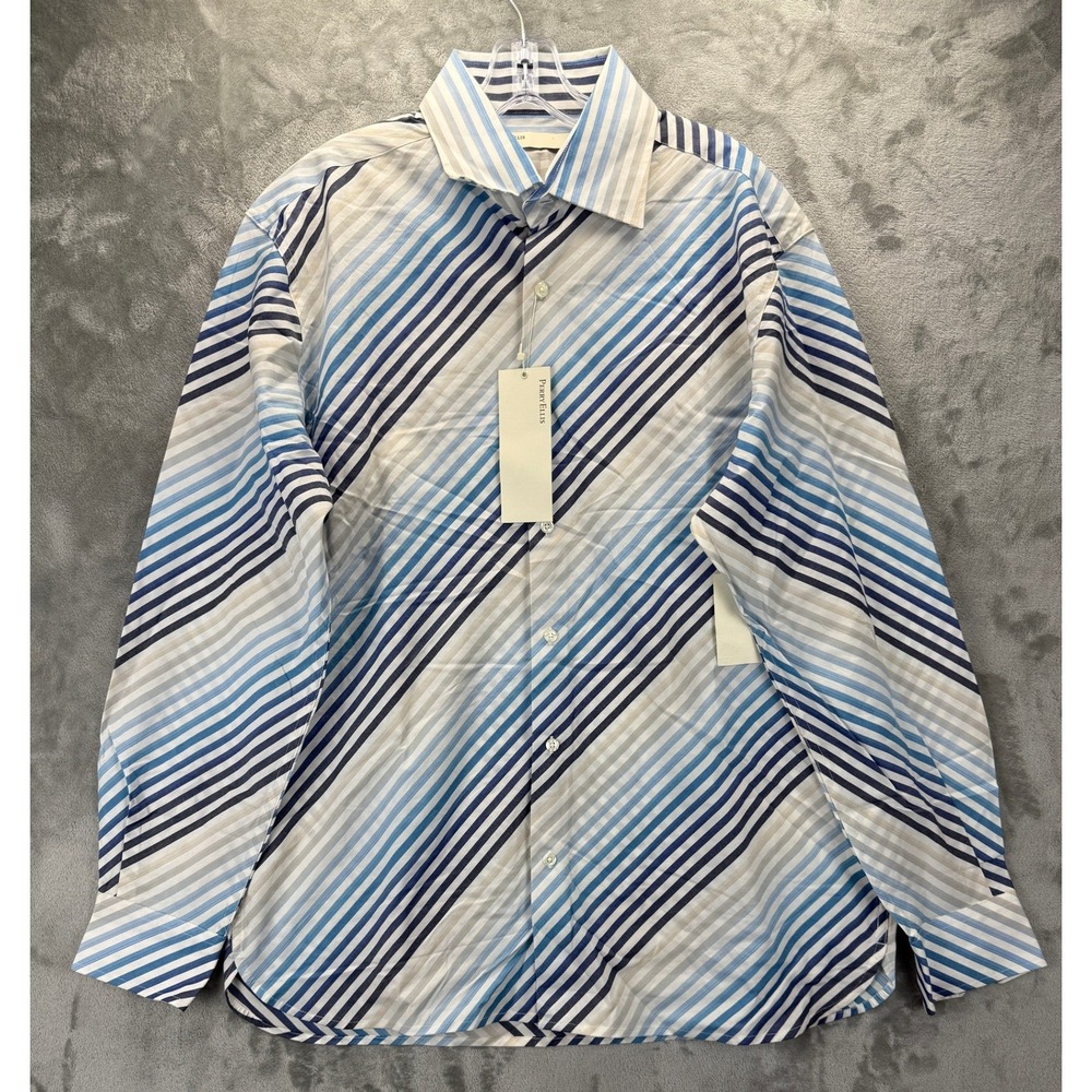 Perry Ellis Mens‎ Blue Diagonal Stripe Cotton Button Down Shirt L NEW